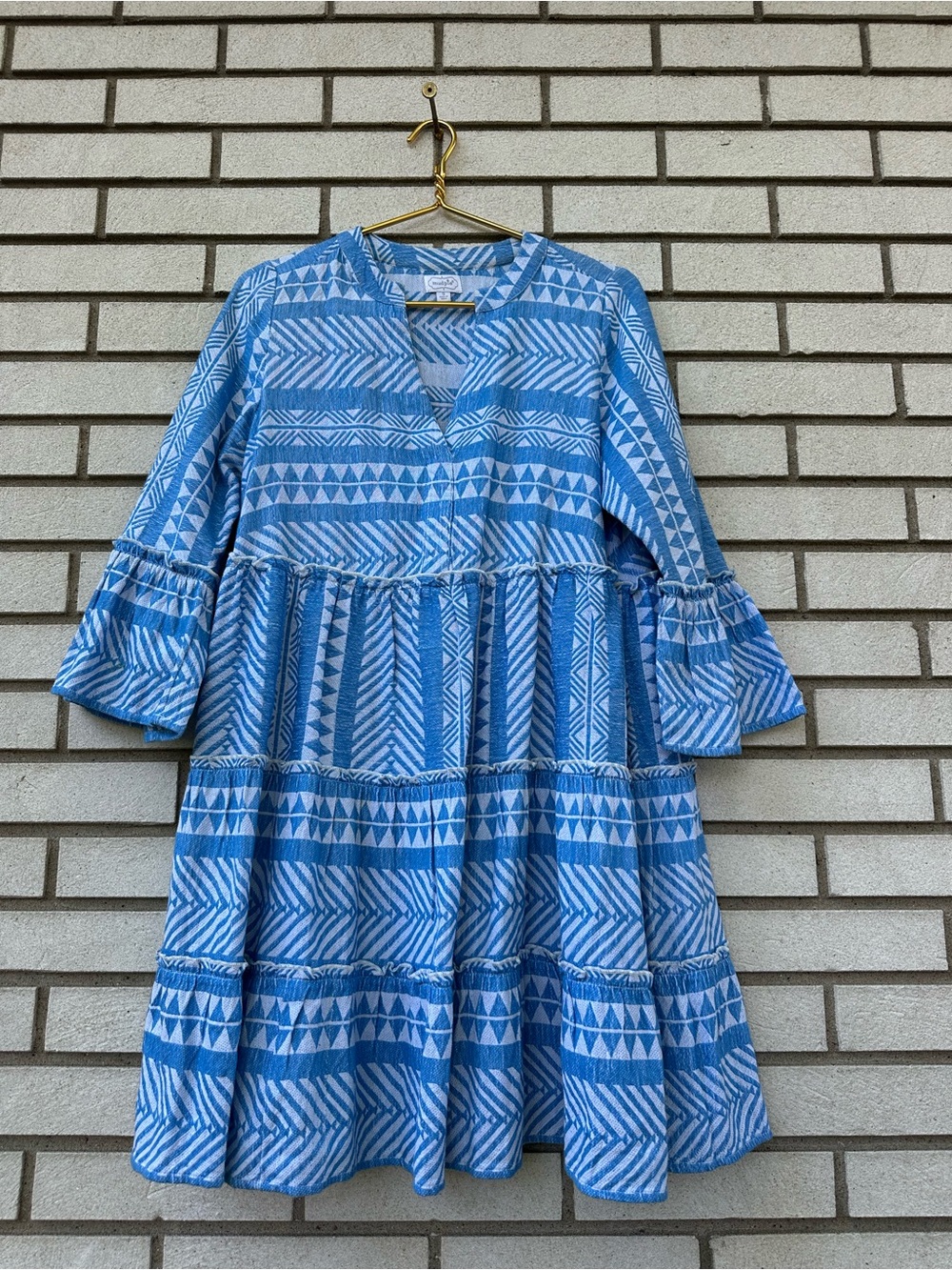 Mud Pie Blue White Geometric Tiered Cotton Dress Boho Beachy Swing S - Picture 4 of 12